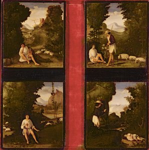 Scener fra Tebaldeos Eclogues, ca. 1505 (olje på tre)